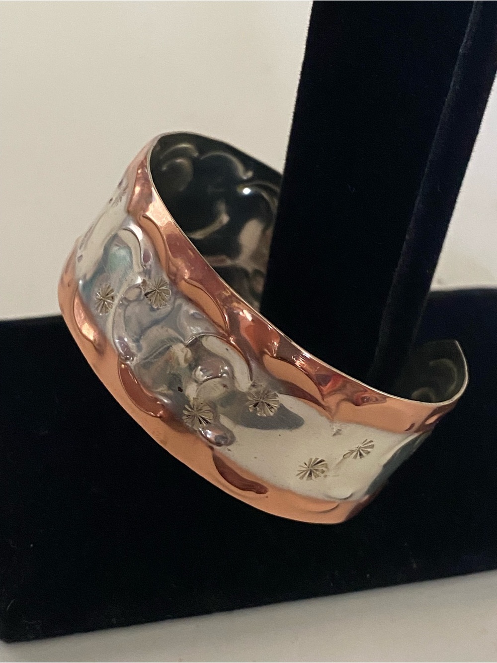 Hammered Floral Open Cuff Bangle Bracelet Copper Rose Gold & Silver Two Tone NEW